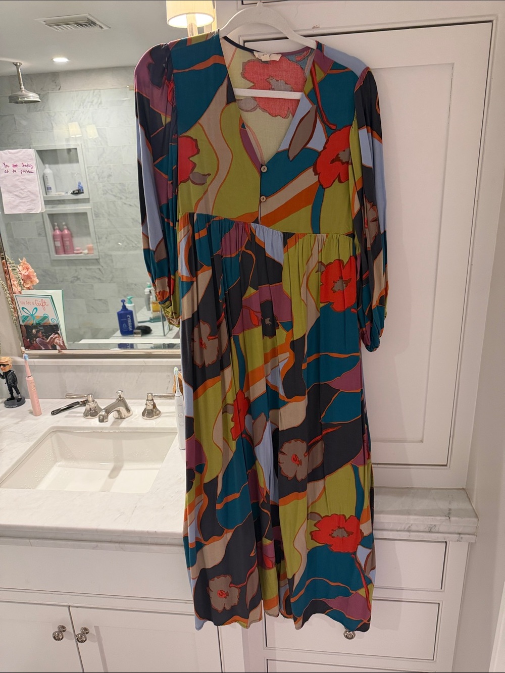 Vibrant Abstract Floral Midi Dress in Green Multi